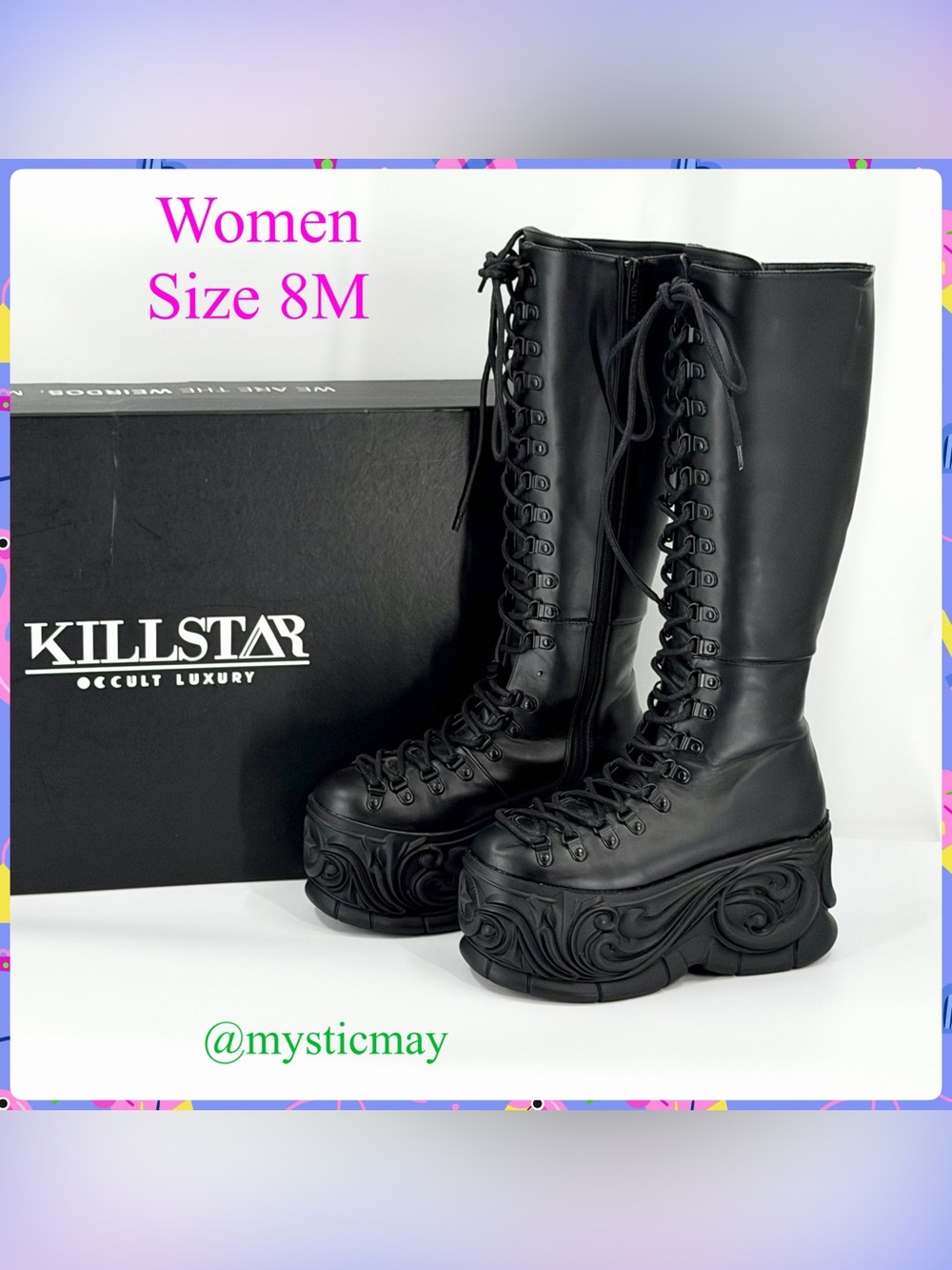 KILLSTAR Jet Black Knee High Goth MOONDAZE Ornate Platform Boots Women Size 8
